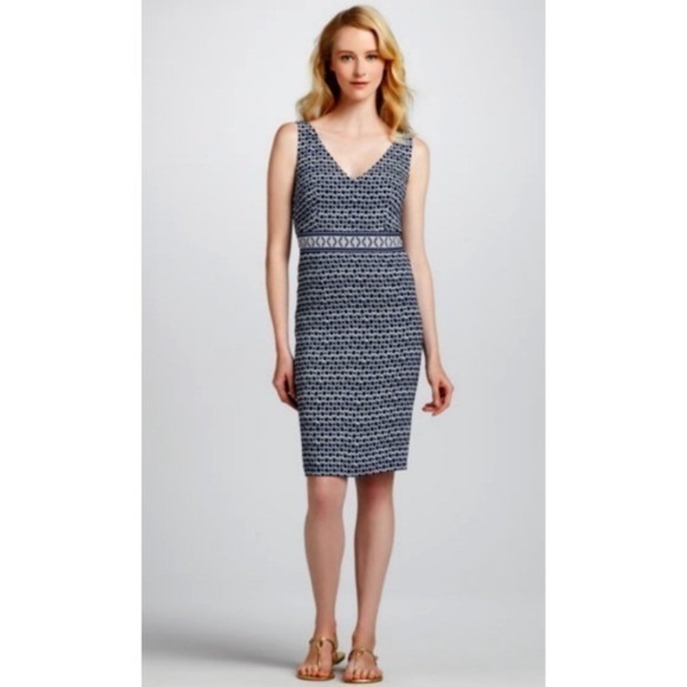 Tory Burch Printed Sheath Dress Blue White V Neck Sleeveless Knee Length US 10
